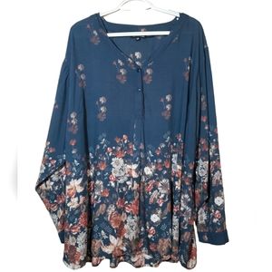 Tolani Collection Womens Navy Floral Flowy Tunic Blouse V Neck Size 3X Plus